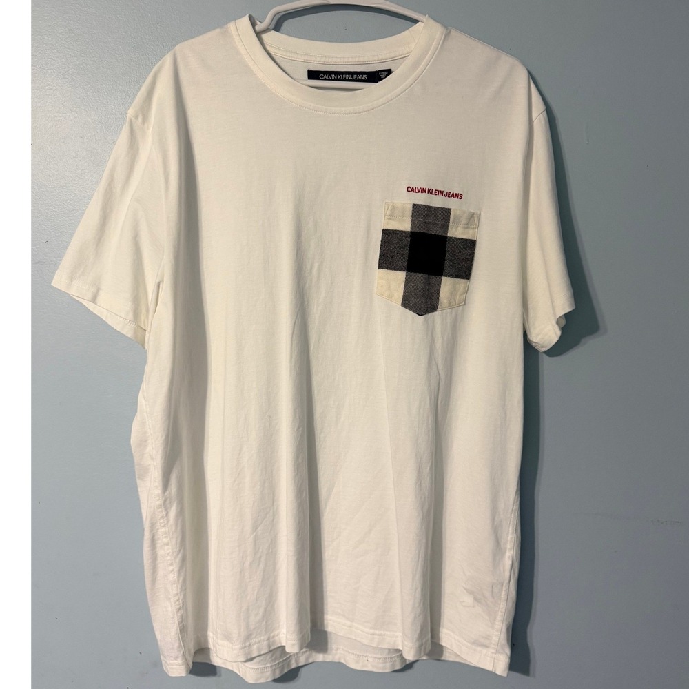Calvin Klein‎ Jeans Men's XL White T-Shirt Plaid Pocket Logo Sleeve Tee 0733